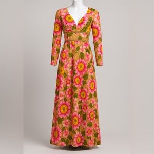 🌸 1970s Vintage Day-Glo Floral Maxi Dress | Boho Prairie Style | Long Sleeve